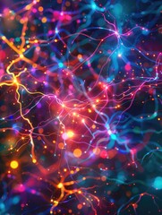 Fototapeta premium Glowing neuron cells with sparks of electricity and light particles. Concept image for brain function, education or medical sciences.