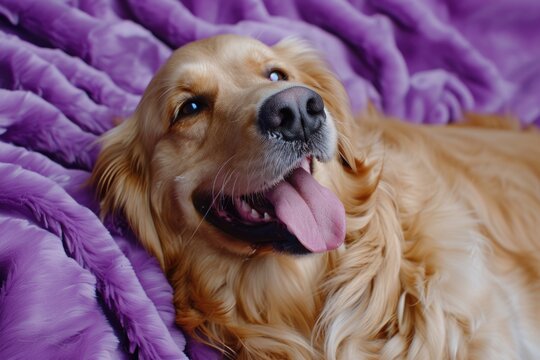 This is a photo of an adorable golden retriever dog lying on a purple blanket. The dog appears to be very comfortable and at ease, enjoying its leisure time.