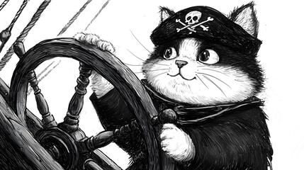 A cat is driving a ship with a pirate hat on