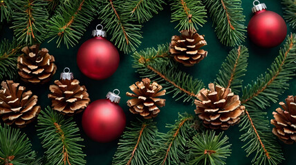 Festive New Year's decorations and pinecones beautifully arranged on a vibrant green background, evoking a natural holiday charm.