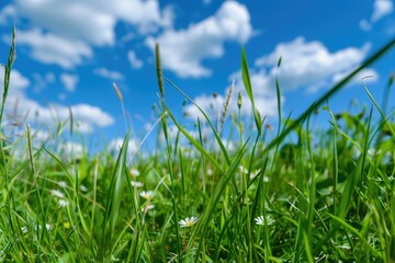 Obraz premium Lush green field with blurry background of sunny day. Low perspective shot capturing the vibrancy and texture of nature.