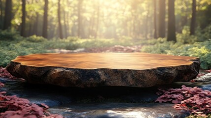 A wooden slab rests in a serene forest, surrounded by greenery and soft sunlight.
