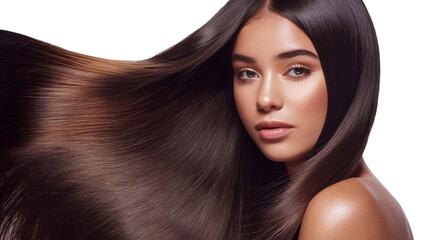 Makeup. Highlighter on the skin, good shine. closeup of a young woman, portrait of a model girl with long straight shiny smooth healthy hair, natural beauty with smooth skin, skin care, png 