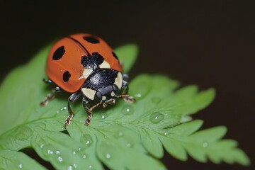 Obraz premium A vibrant red ladybug with black spots is resting on a green leaf. Dewdrops shimmer on the leaf's surface, enhancing the scene's fresh and natural atmosphere.