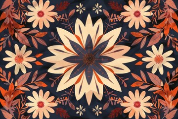 A symmetrical mandala design featuring flowers and foliage. The pattern includes a center with radiating petals, creating an intricate floral mosaic.