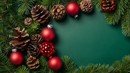 Festive New Year's decorations and pinecones beautifully arranged on a vibrant green background, evoking a natural holiday charm.