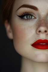 Fototapeta premium Portrait of beautiful woman with red lips and perfect manicure, skin care concept, beauty photography, Generative AI