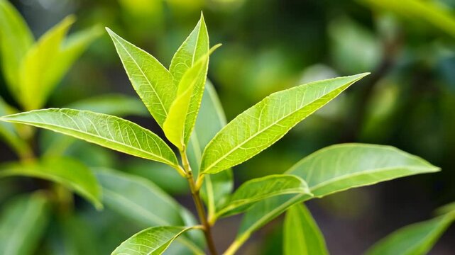 Fresh green leaves of a laurel plant thrive in sunlight, showcasing their vibrant hue and healthy growth during springtime