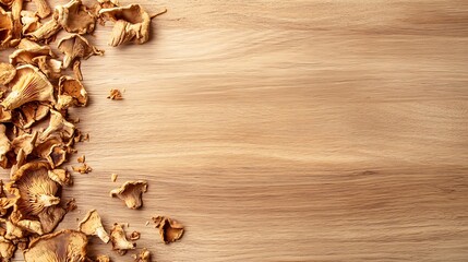 Top view of dried mushrooms on a wooden table with space for text or branding on the right side. Perfect for food designs, packaging, and social media posts with a rustic feel.