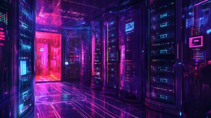 Futuristic Digital Data Center with Neon Lights and High-Tech Aesthetic