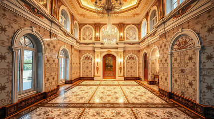 Obraz premium Interior View of an Ornate Hallway with Marble Flooring and Chandelier