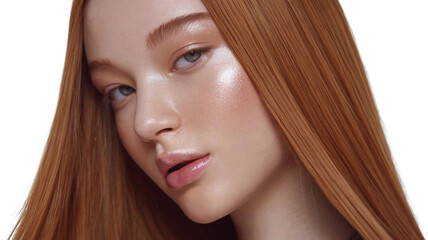 Naklejka premium Makeup. Highlighter on the skin, good shine. closeup of a young woman, portrait of a model girl with long straight shiny smooth healthy hair, natural beauty with smooth skin, skin care, png 