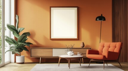 Mid-century modern living room with orange armchair, wooden sideboard, and large blank poster.