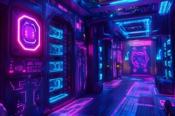 Fototapeta premium Futuristic Sci-Fi Corridor with Neon Lights and Digital Displays