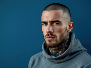 Fototapeta premium Bright portrait of tattooed man against blue background for modern design