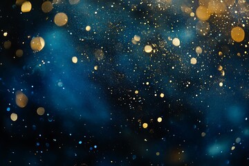Abstract bokeh lights background in blue, gold, and black colors with glitter. Ideal for Christmas and New Year's concept. Festive and sparkling illustration perfect for holiday-themed designs.