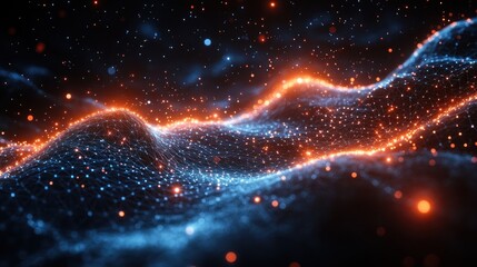 Fototapeta premium Abstract digital landscape with glowing particles creating wave-like patterns.