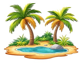 Tropical Island Oasis With Two Palm Trees And A Pond