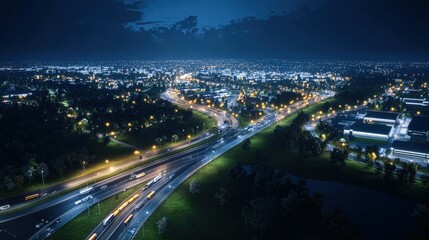 Vibrant Cityscape at Night with a Stream of Headlights Illuminating the Urban Landscape and Showcasing the Dynamic Energy of City Life