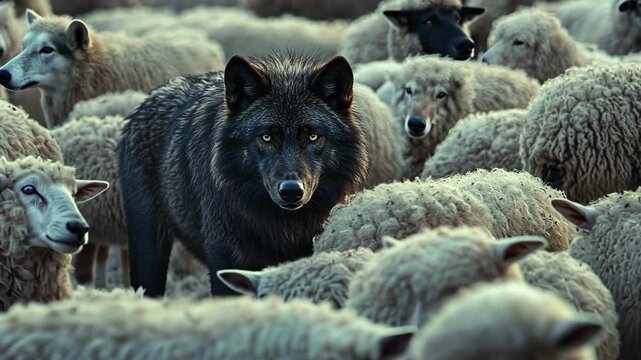 Black wolf moves silently through a flock of sheep in a rural landscape at dusk