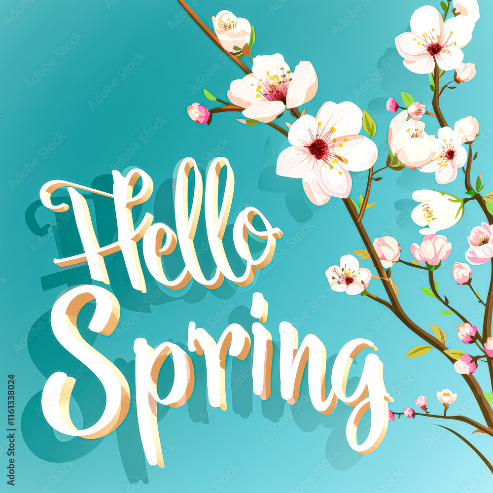 Poster colorful flowery background with the words hello spring written in cursive.