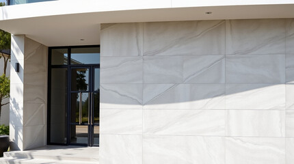 Modern building exterior featuring a light gray textured wall, large black-framed glass entry door and windows.  The building has a minimalist design with clean lines and a subtle overhang.