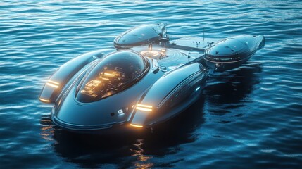 Futuristic, sleek, dark gray watercraft, submersible, hovering above water, with transparent cockpit, glowing lights.