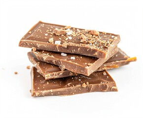 Stack of milk chocolate pieces isolated on white background