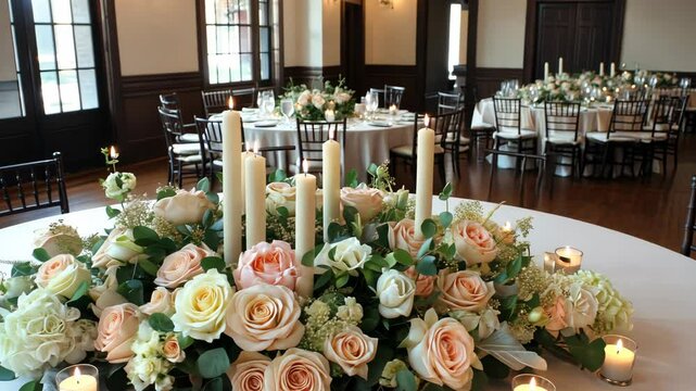 A stunning floral arrangement with candles sets the mood in an elegantly decorated dining space for a memorable gathering