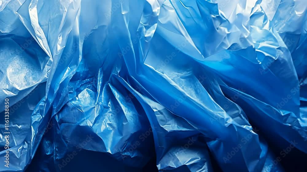 Poster textured blue plastic creating abstract patterns resembling waves and folds under bright light