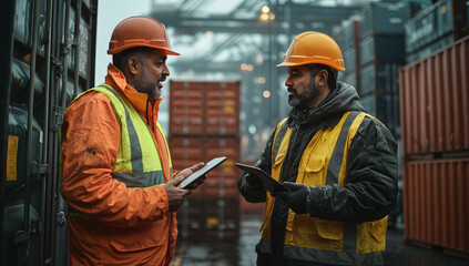 Two Indian male workers in safety vests and yellow hard hats at a cargo port, discussing with an Indian man in an orange jacket holding a tablet.