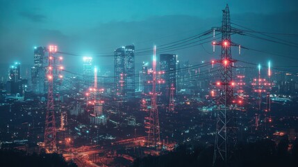 Fototapeta premium Aerial view of the city at night with illuminated skyscrapers, power lines and communication towers