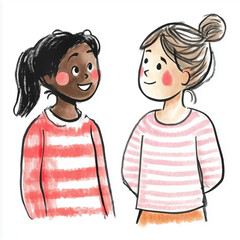 Obraz premium Cheerful Cartoon Illustration of Two Friends Smiling in Sweaters white background
