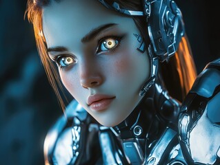 A stylized 3D rendering of a female character with cyborg features, such as mechanical parts and glowing eyes, set against a futuristic backdrop.