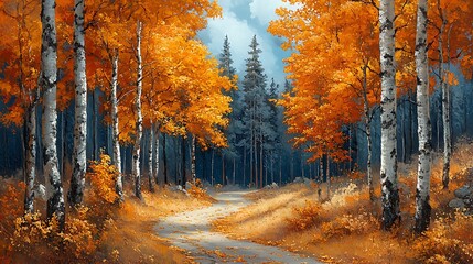 Fototapeta premium Vibrant Autumn Path Covered With Golden Leaves in Stunning Forest Photo