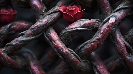 Red Roses Entwined In Dark Twisted Vines