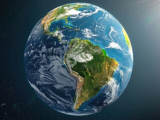 Fototapeta premium Large, round planet with a blue and green surface. The planet is surrounded by a dark blue sky