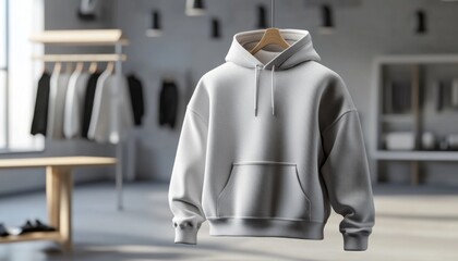White hoodie hanging in a stylish minimalist store.