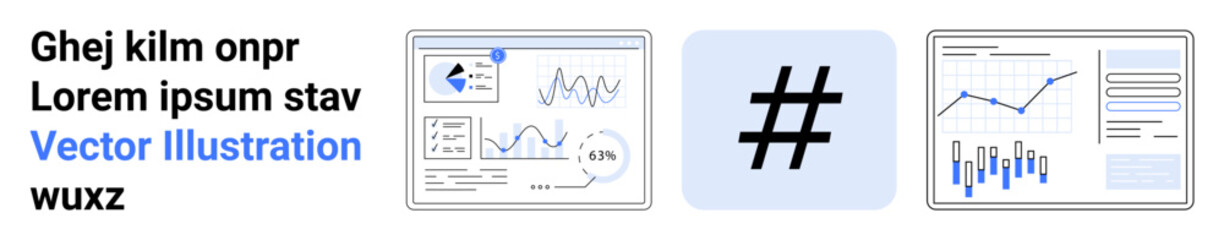 Business analytics dashboard, multiple graphs, metadata tag symbol, placeholder text. Ideal for business analysis, data visualization, market research, financial reports, presentations, statistics