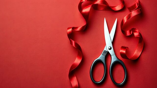 Crafting with precision using scissors and red ribbon on a bright red background for festive projects