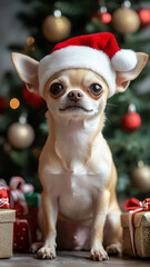 christmas, dog, chihuahua, santa, xmas, pet, gift, animal, tree, holiday, hat, claus, santa claus, celebration, puppy, decoration, present, box, winter, red, canine, christmas tree, funny, sitting, ca