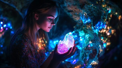 Woman holds glowing crystal in dark cave.