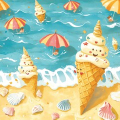 Happy Ice Cream Cones Enjoying a Summer Beach Day