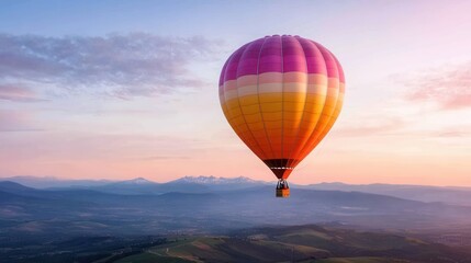 Fototapeta premium Colorful hot air balloon floating above serene mountain landscape at sunset
