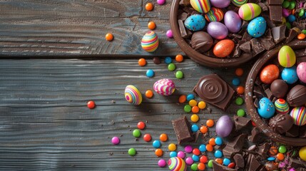 A close-up of a decorated chocolate egg bowl, with colorful candy pieces and chunks of rich chocolate.