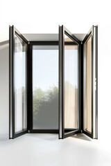 Modern black window frames with large openings and clear glass windows.