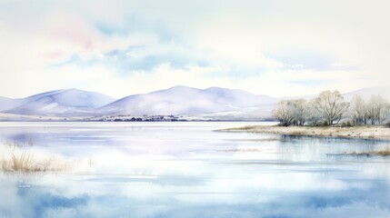 Naklejka premium Serene Watercolor Landscape: Mountains and Tranquil Lake