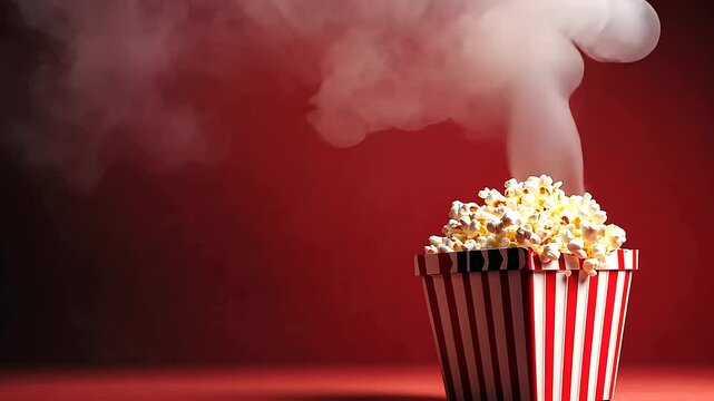 A clapperboard resting upright next to a popcorn box on a red background, with soft gradients and space for overlay text