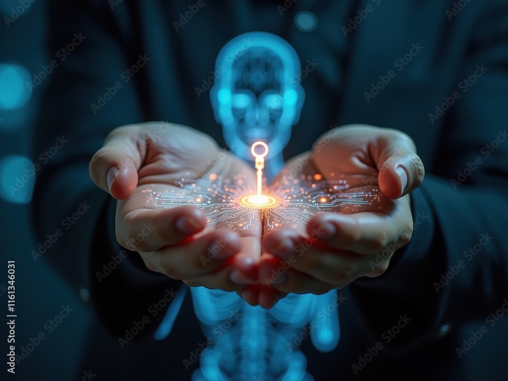 Poster digital key presented in hands surrounded by glowing technology features illustrating modern cyberse
