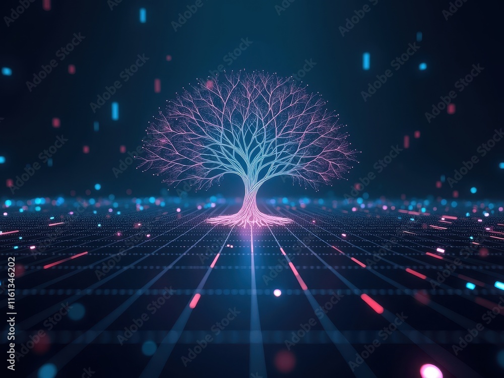 Aufkleber illuminated cyber tree stands in a digital landscape surrounded by glowing data streams, symbolizing
